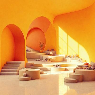 The primary subject of the image is a large, brightly lit room with a yellow color scheme. The room features a variety of decorative elements, including a large number of potted plants, vases, and bowls. The setting is a sunlit, open space with a modern design. The visual style of the image is a combination of photo and digital art, creating a vibrant and inviting atmosphere. The colors and mood of the room are warm and welcoming, with the bright yellow walls and the abundance of greenery creating a sense of freshness and vitality.